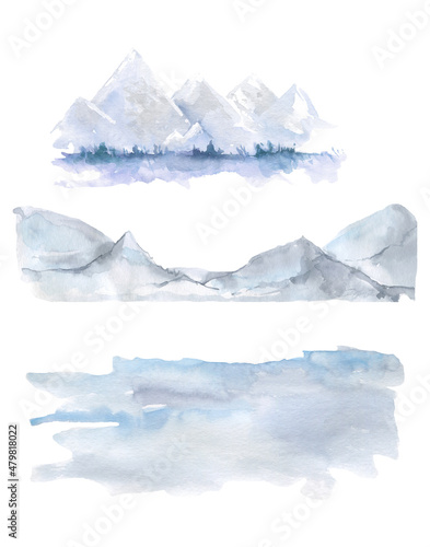 Watercolor landscape clipart. mountain landscape. woodland pine trees. forest illustration. mountain silhouette. For cards, wedding invitations, posters, scrapbooking 