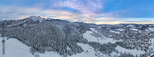 Aerial Panorama of Giewont and Zakopane in Winter