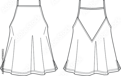 Vector summer tank top fashion CAD, sleeveless woman top with drawstring detail technical drawing, sketch, template, flat. Jersey or woven fabric blouse with front, back view, white color