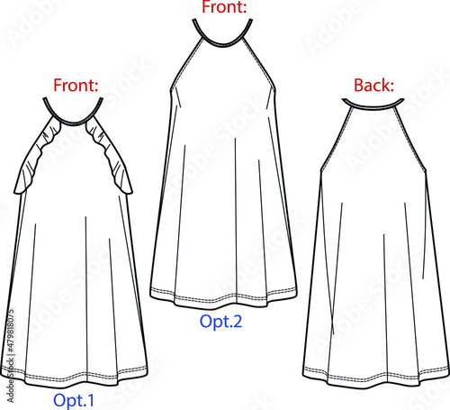 Vector short flared dress fashion CAD, woman a shape dress with frills technical drawing, dress with thin shoulder straps template, flat, sketch. Jersey or woven fabric dress, front, back view, white