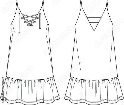 Vector short flared dress fashion CAD, woman a shape dress with frills technical drawing, dress with thin shoulder straps template, flat, sketch. Jersey or woven fabric dress with front, back view