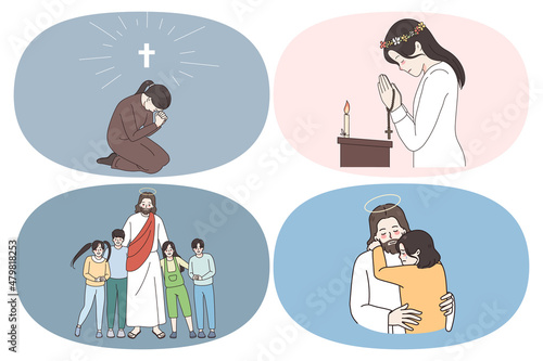 Religious education and spirituality concept. Set of young non sitting talking to god woman prayer in church group of children with jesus christ vector illustration 