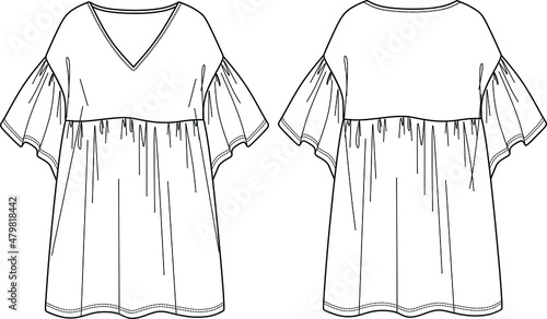 Vector dress sketch, V-neck dress technical drawing, fashionable short sleeved women CAD, flat, mini dress with ruffles. Jersey or woven fabric dress with front, back view, white color