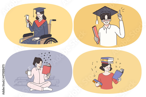 Education reading and knowledge concept. Set of young smiling people students holding diploma with honors graduating from university reading books getting knowledge vector illustration  © drawlab19