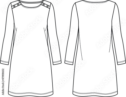 Vector long sleeved shift dress fashion CAD, round neck woman dress with button details technical drawing, template, sketch, flat. Jersey dress with front, back view, white color