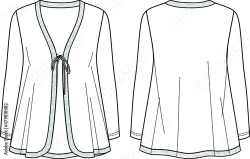 Vector long sleeved jacket fashion CAD, winter woman knitted cardigan with lace trim hem and bow detail technical drawing, template, flat, sketch. Jersey jacket with front, back view, white color