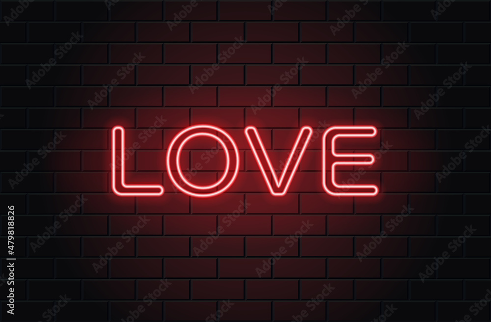 Neon Love for valentines day on black brickwall background Neon Love for valentines day on black brickwall background