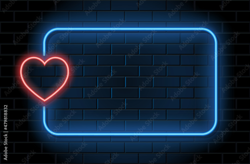 Red neon heart with blue frame for valentines day on black brickwall ...