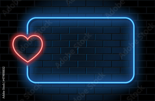 Red neon heart  with blue frame for valentines day on black brickwall background