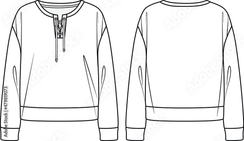 Vector long sleeved oversized top fashion CAD, woman boxy shape round neck with frill details sweatshirt technical drawing, template, mock up, flat. Fleece sweatshirt with front, back view, white colo