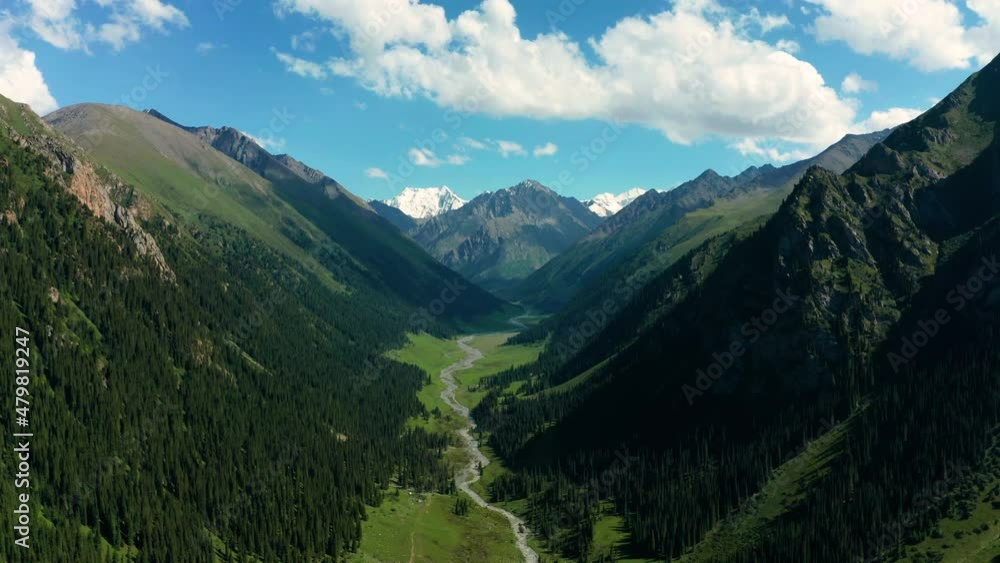Aerial panorama of mountain landscape in Kyrgyzstan. Altyn-Arashan gorge. Aerial panorama of mountain landscape in Kyrgyzstan. Altyn-Arashan gorge.