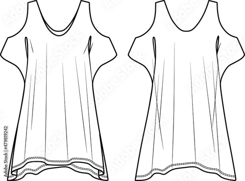 Vector summer dress fashion CAD, woman sleeveless a shaped asymmetric hem dress technical drawing, template, flat, sketch. Jersey or woven fabric dress with front, back view, white color