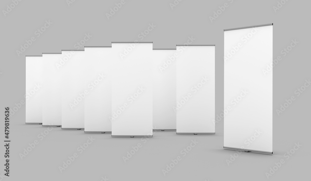 Staggered series of Exhibition Banner Stands, isolated on a grey ...
