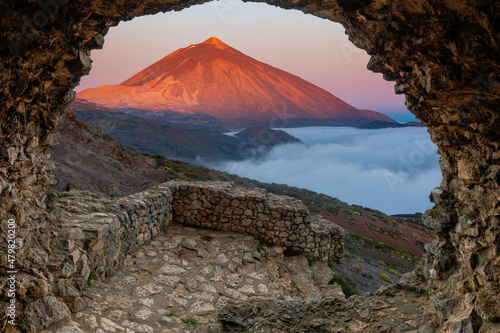 Teide volcano on Tenerife visible from the rock cave
