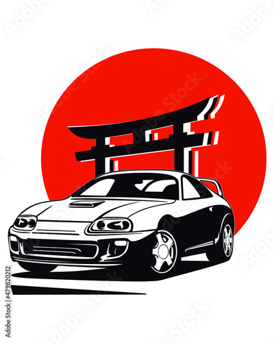 Classic vintage retro legendary Japanese sports cars with Torii Gate on Japanese flag
