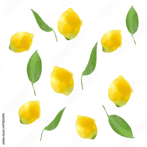 pattern of yellow lemons and green leaves on a white background