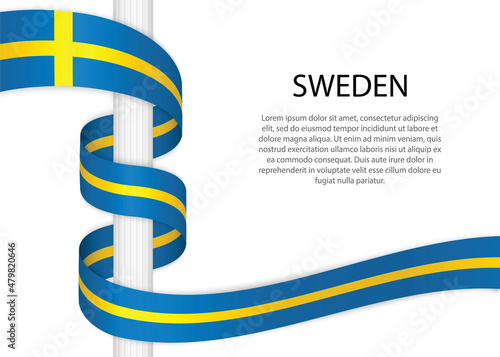 Waving ribbon on pole with flag of Sweden. Template for independence day