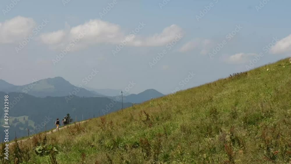 In the distant, people with a dog hiking in the Bavarian Alps on a summer day with beautiful mountain view in the background. Tourists exploring the nature and lanscape around Tegernsee, Germany. In the distant, people with a dog hiking in the Bavarian Alps on a summer day with beautiful mountain view in the background. Tourists exploring the nature and lanscape around Tegernsee, Germany.
