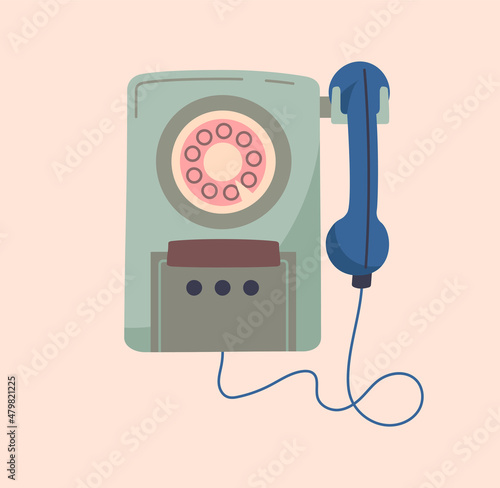 Old landline phone concept. Colorful sticker with green wall phone with round dial. Calls or remote conversation. Design element for print or websites. Cartoon modern flat vector illustration