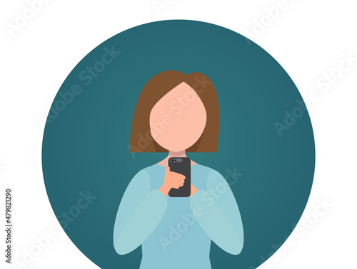 woman looks at smartphone. a woman with a phone, a gadget uses the Internet, online. influential girl looks at a gadget on a blue background. cute flat vector illustration