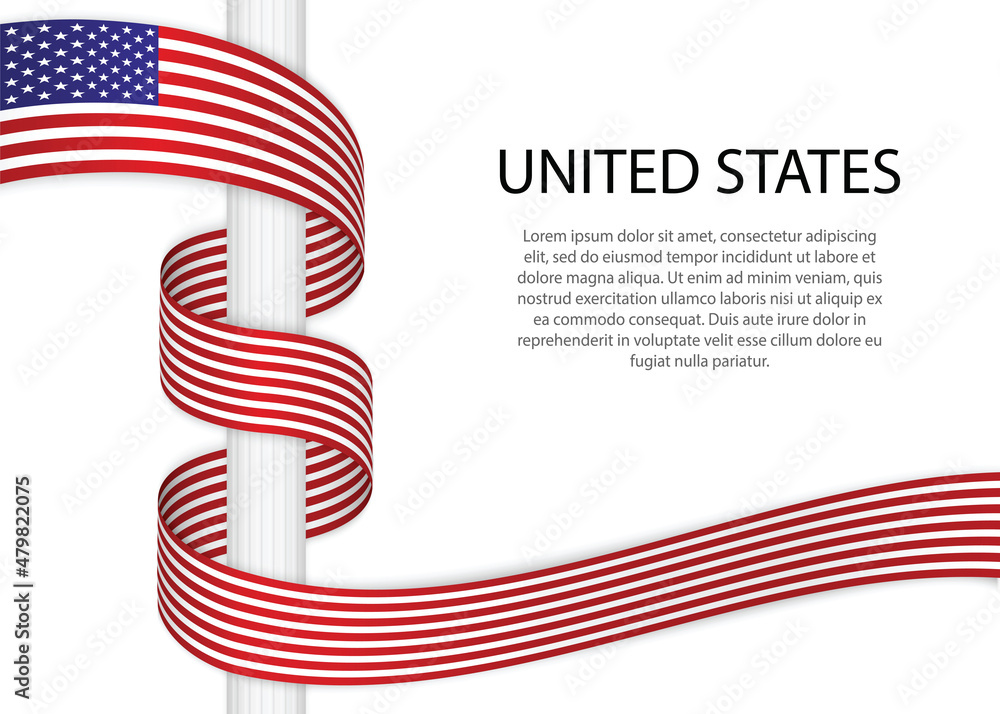 Obraz premium Waving ribbon on pole with flag of United States. Template for independence day