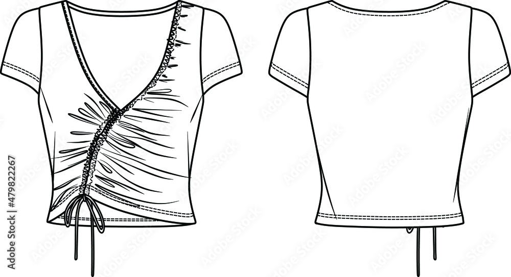 Vector crop top fashion CAD, woman V neck short sleeved t shirt