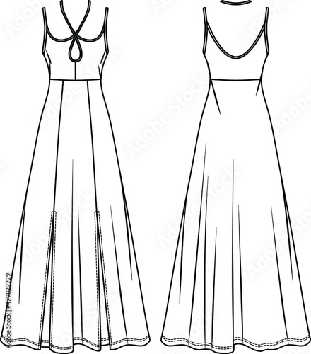 Vector maxi dress with shoulder straps technical drawing, woman dress with side slits and loop fashion CAD, sketch, template, flat. Jersey or woven fabric dress with front, back view, white color