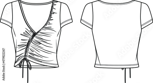Vector crop top fashion CAD, woman V neck short sleeved t shirt technical drawing, slim fit with smocked detail blouse template, sketch, flat. Jersey  fabric top with front, back view, white