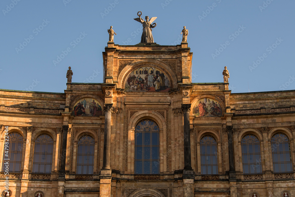 Munich, Germany - December 20 2021: The Maximilianeum, a palatial building in Munich, was built as the home of a gifted students' foundation but since 1949 has housed the Bavarian State Parliament.
