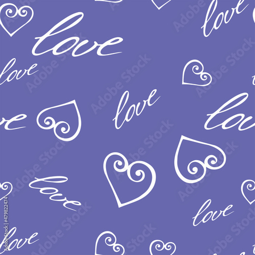Very peri seamless pattern, lilac background with the text Love, 14 February.
Template for packaging, gifts, textiles.