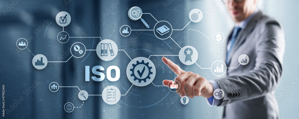 ISO certification concept standard quality control. International information security standard ISO certification concept standard quality control. International information security standard