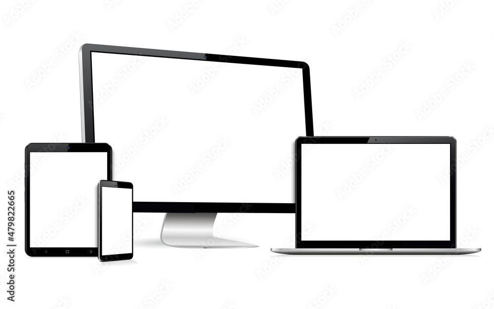 Realistic monitor computer, laptop, tablet and smartphone. Modern devices set. Realistic monitor computer, laptop, tablet and smartphone. Modern devices set.