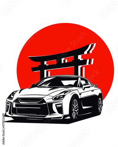 Classic vintage retro legendary Japanese sports cars with Torii Gate on Japanese flag