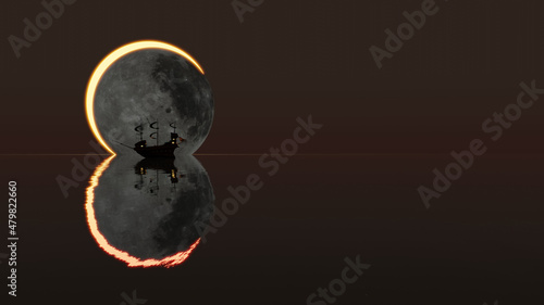 Quadro su tela A pirate sailboat silhouette and its reflection with total sun eclipse in backgr