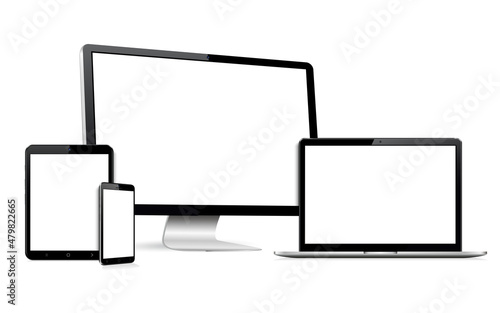 Realistic monitor computer, laptop, tablet and smartphone. Modern devices set.