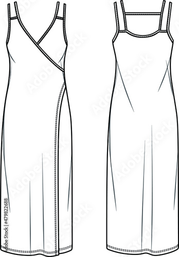 Vector midi dress with shoulder straps technical drawing, long summer dress fashion CAD, woman sleeveless dress with V-neck sketch, template. Jersey or woven fabric dress with front, back view, white