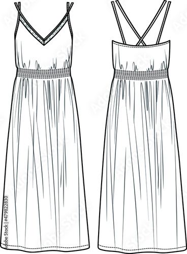 Vector maxi dress with shoulder straps technical drawing, woman V-neck dress with smocking in waist fashion CAD, sketch, template, flat. Jersey or woven fabric dress with front, back view, white color