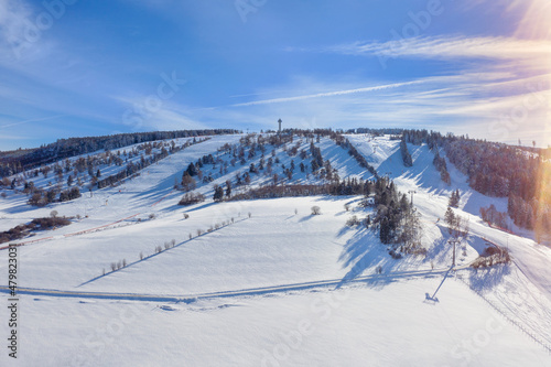 Aerial view of the ski resort in Willingen in Hesse. Behind the slope appears the Hochheideturm.