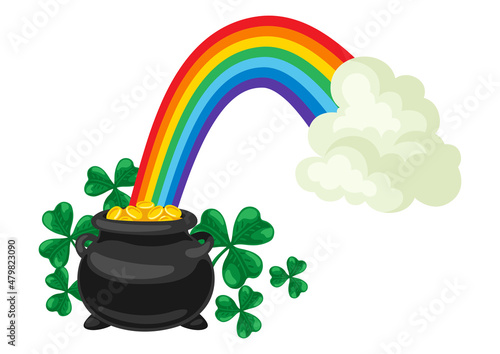 Saint Patricks Day illustration. Pot with gold coins, rainbow and clover.