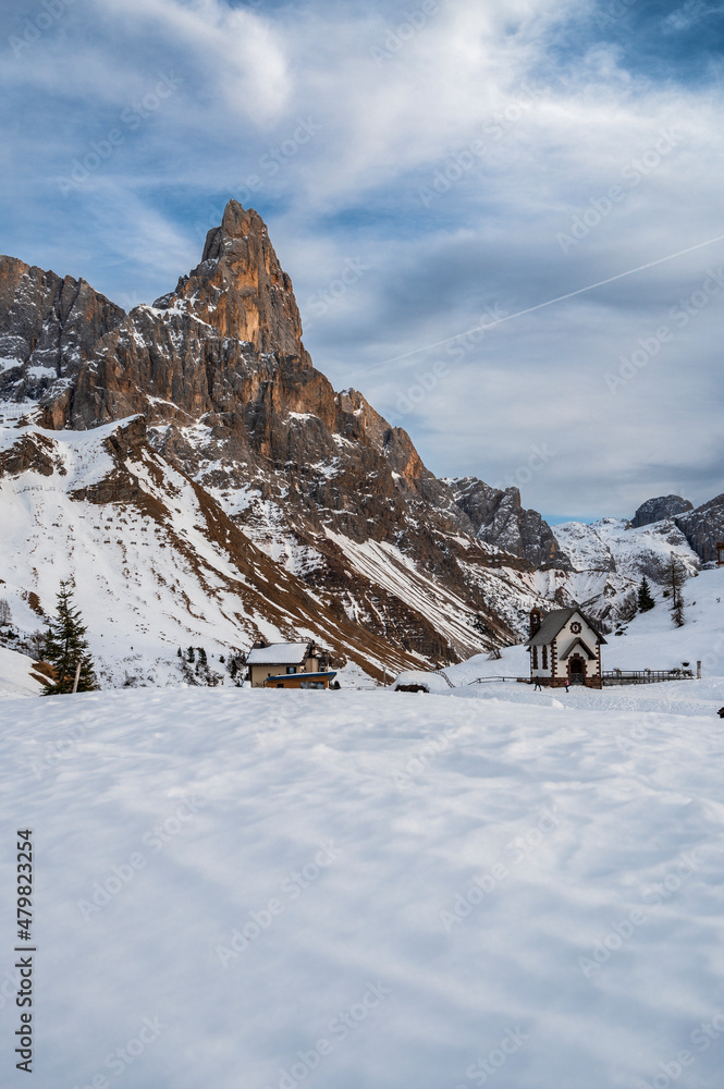 Snowy sunset from Passo Rolle. Pale di San Martino, Dolomites.