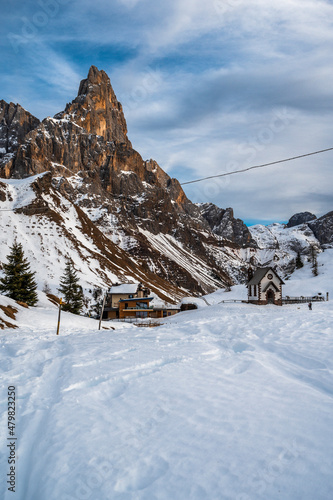 Snowy sunset from Passo Rolle. Pale di San Martino, Dolomites.
