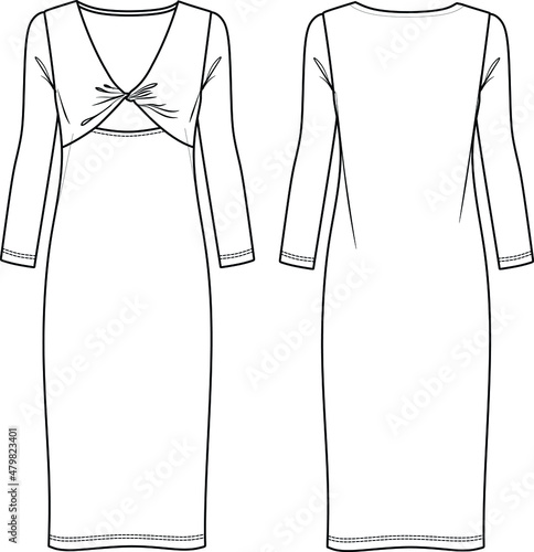 Vector woman winter midi dress with knot detail fashion CAD, V-neck and long sleeved long dress technical drawing, template, flat, sketch. Jersey or woven fabric dress with front,back view,white color