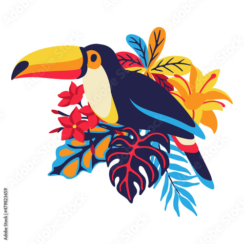 Illustration of toucan with tropical plants. Exotic decorative bird, flowers anf leaves.