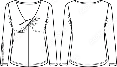 Vector long sleeved T-Shirt fashion CAD, woman V-neck winter top with knot detail technical drawing, template, sketch, flat. Jersey or woven fabric blouse with front, back view, white color