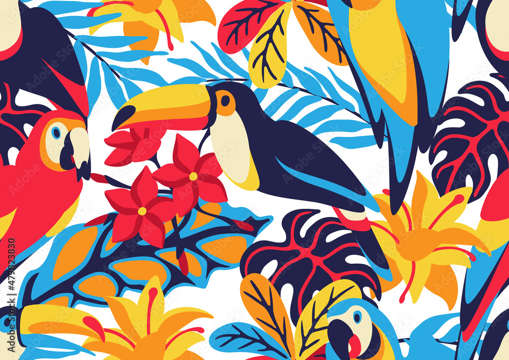 Fototapeta premium Seamless pattern with macaw parrot, toucan and tropical plants. Exotic decorative birds, flowers anf leaves.