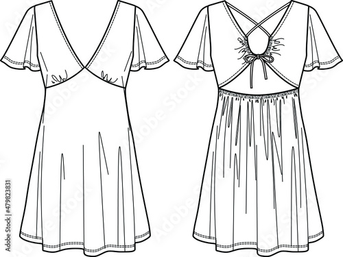 Vector short sleeve V-neck mini dress technical drawing, woman dress with frill detail fashion CAD, sketch, template, flat. Jersey or woven fabric dress with front, back view, white color