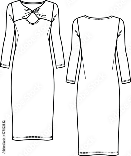 Vector woman winter midi dress fashion CAD, V-neck and long sleeved long dress with knot detail technical drawing, template, flat, sketch. Jersey or woven fabric dress with front,back view,white color