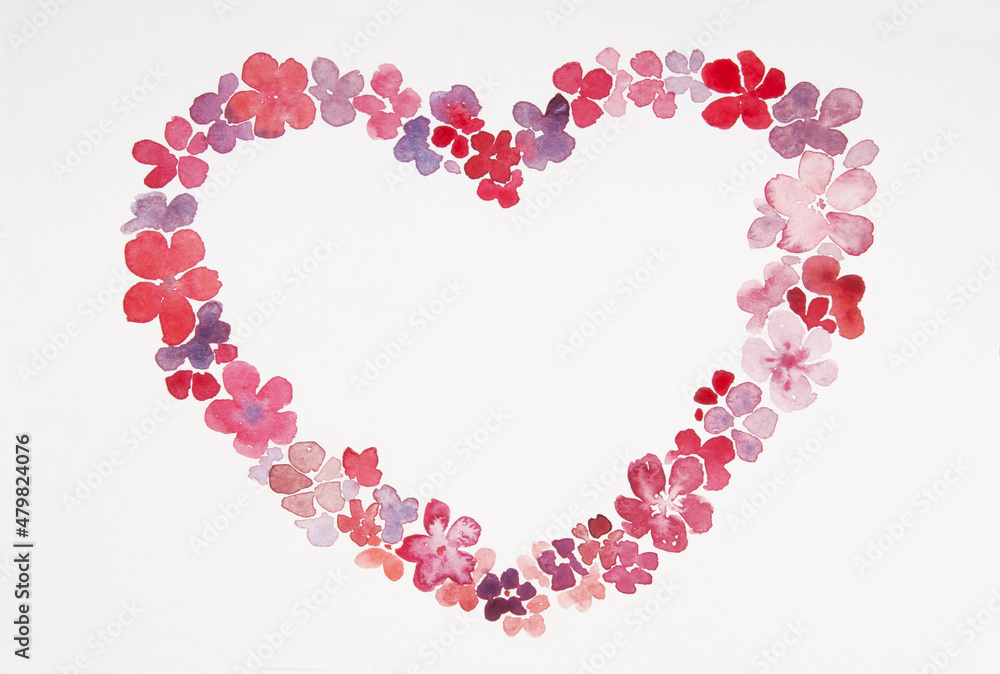 Watercolor illustration in the shape of a heart made of flowers in red shades. Watercolor illustration in the shape of a heart made of flowers in red shades.