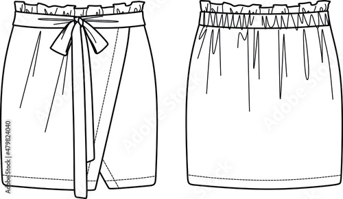 Vector wrapped skirt with belt technical drawing, template, flat, sketch. Mini skirt fashion CAD with frills and bow detail. Jersey or woven fabric skirt with front, back view, white