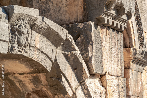 fragment of ruins of an ancient greek building (antique amphitheater in Myra, now Demre, Turkey)